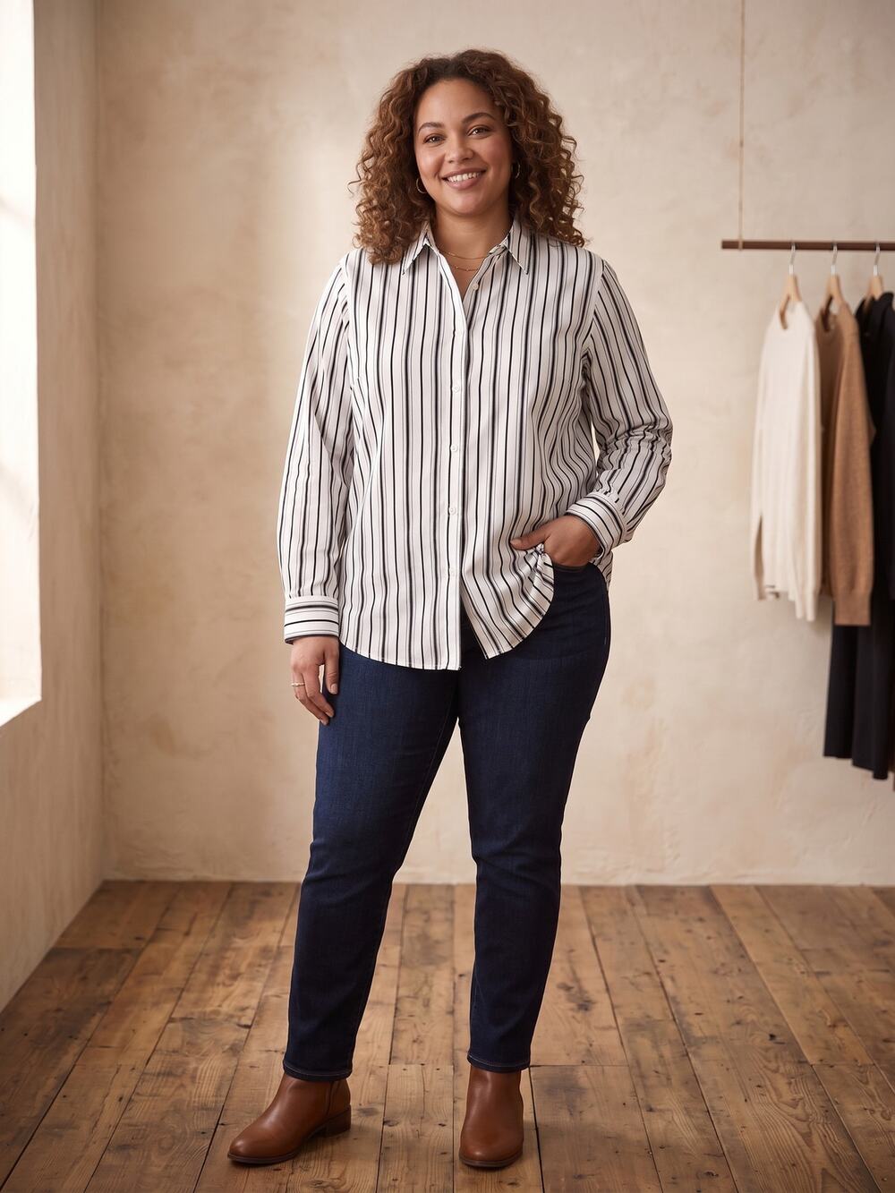 Lauren Ralph Lauren Black White Striped 100% Cotton Shirt Womens XL Side Slit